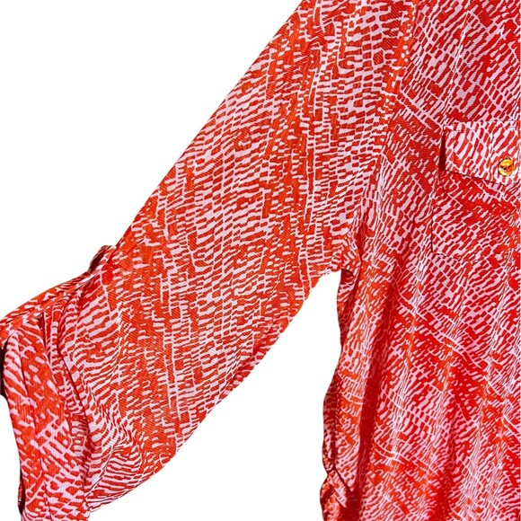 French Connection Sheer Top Blouse  With Tank Sz 2X Orange White Roll Tab Sleeve - Picture 2 of 8